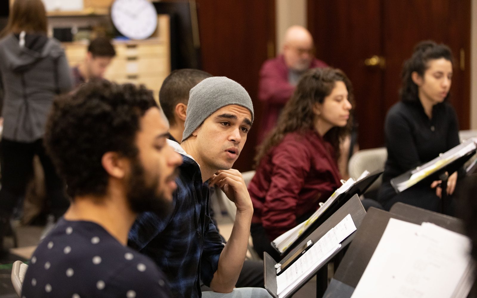 Jakeim Hart, Abubakr Ali, Dana Saleh Omar, and Layan Elwazani in rehearsal for We Live in Cairo.